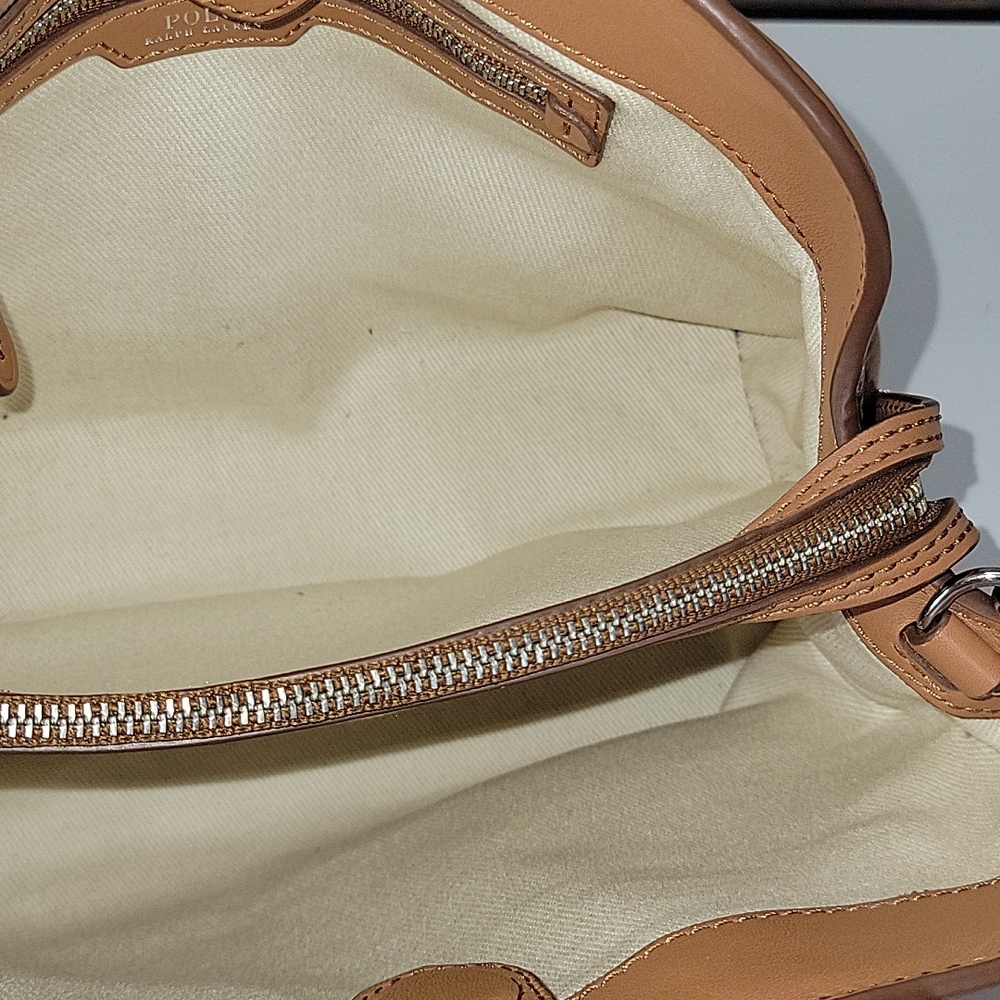 Polo by Ralph Lauren Camel Leather Satchel with Braided Trim Crossbody Bag - Picture 13 of 16